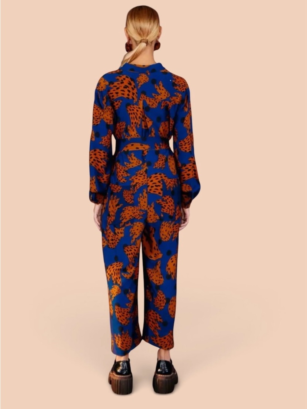 Farm Rio Banana Blue & Brown Printed Jumpsuit with Tie Waist Size Small - Picture 3 of 16